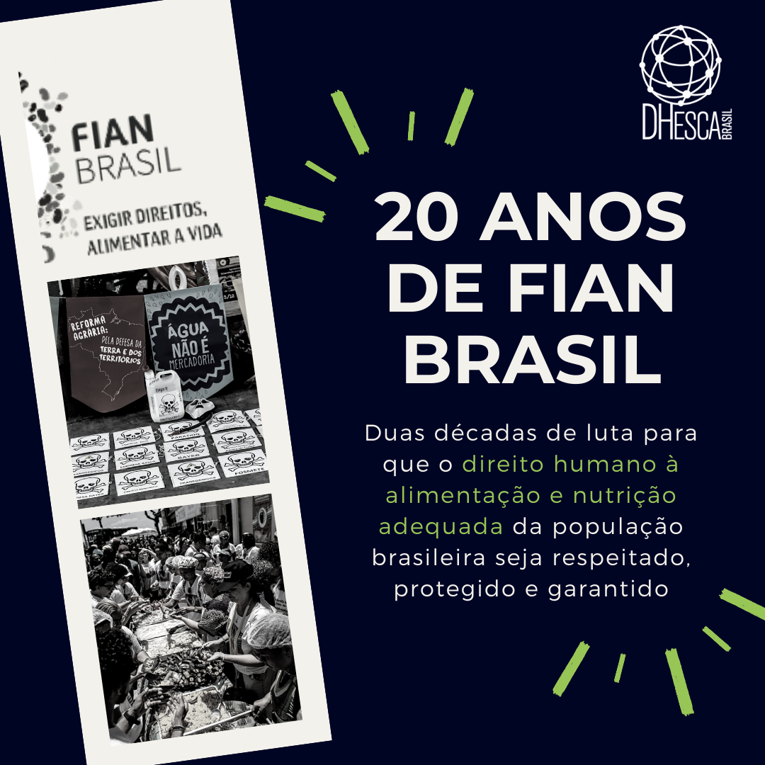 Card da Plataforma Dhesca parabeniza a entidade FIAN Brasil por seu aniversário de 20 anos.