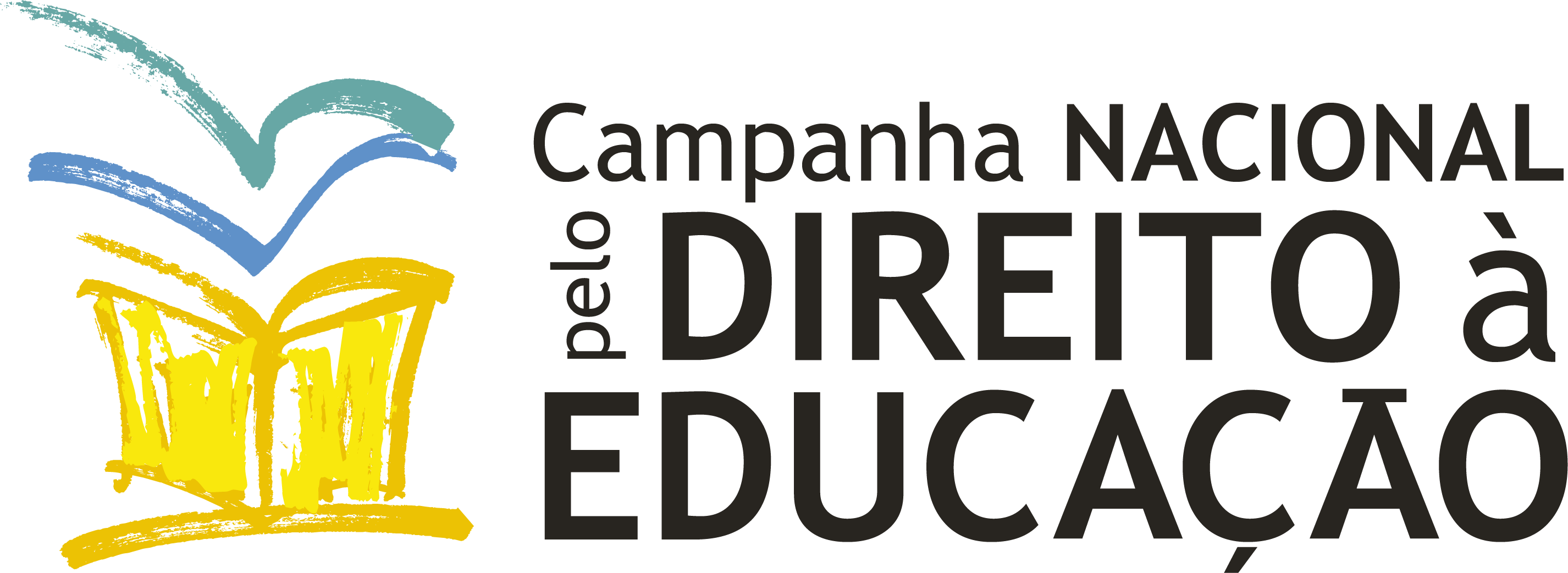 Logo da entidade Campanha Nacional pelo Direito à Educação. A logo apresenta um caderno amarelo, com detalhes em azul e verde água.